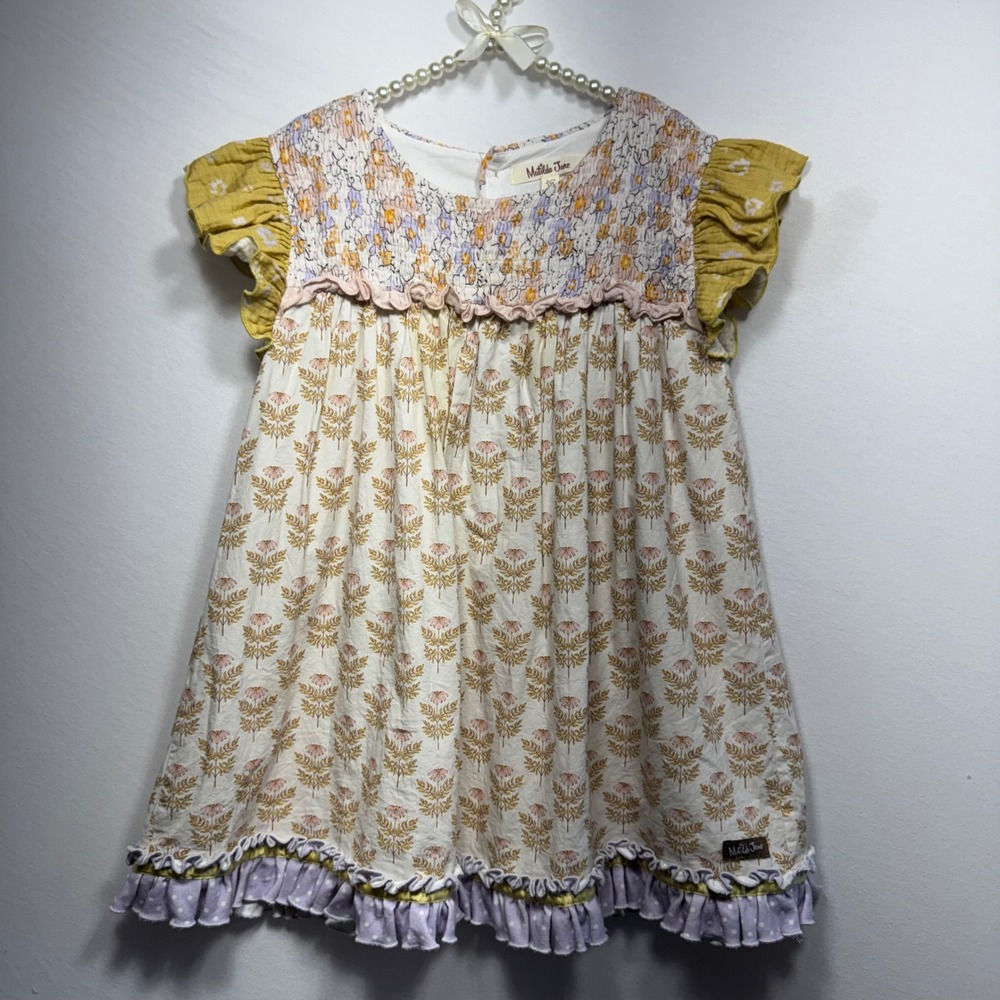 Matilda Jane Girls Floral Smocked Ruffle Dress Yellow Purple Cotton Size 12Y